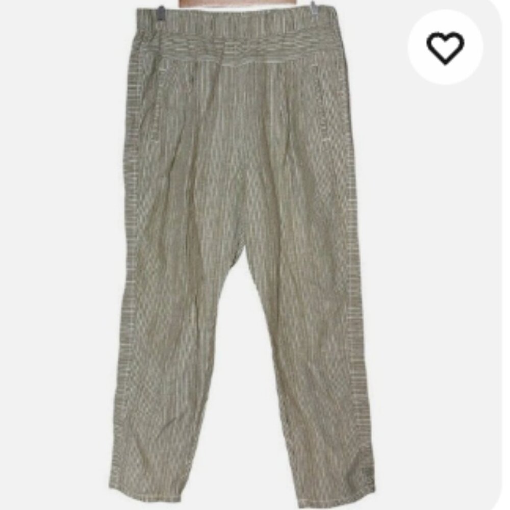By Anthropologie Size XL Women Olive Green Stripes 100% Linen Pull on Pants - Picture 2 of 11